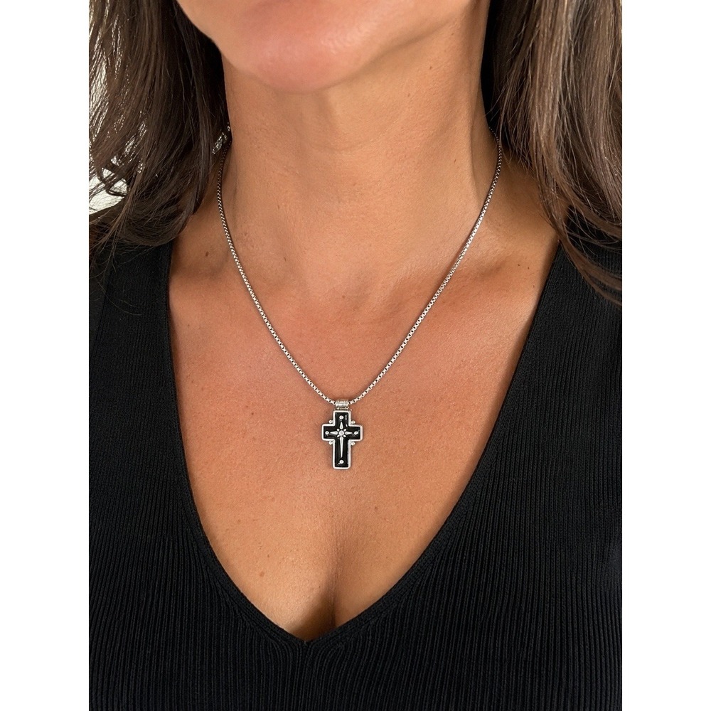 Brighton 18" Cross Necklace Silver Tone Black Enamel Rhinestone Pendant